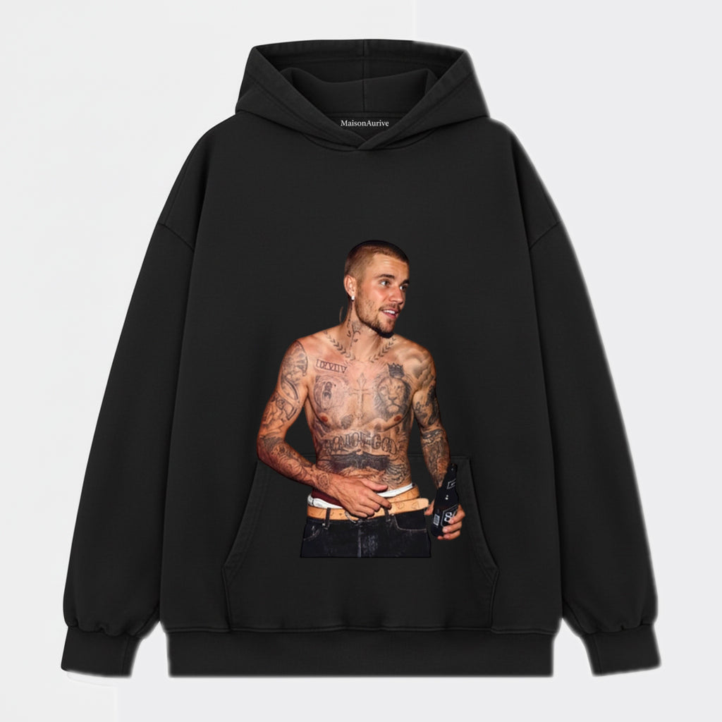 MaisonAurive ウォッシュド ブラック T シャツ – ジャスティン ビーバーのタトゥー ポートレート グラフィック