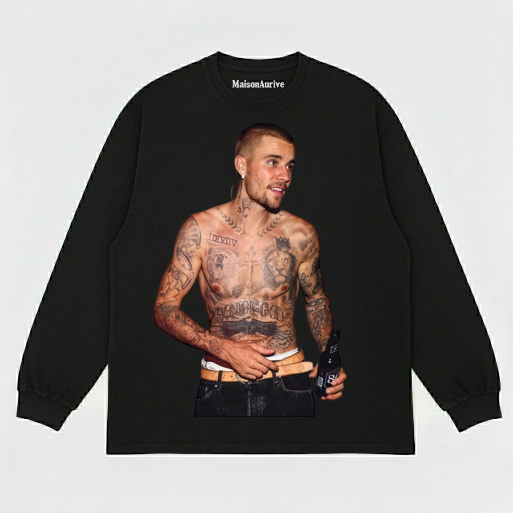 MaisonAurive ウォッシュド ブラック T シャツ – ジャスティン ビーバーのタトゥー ポートレート グラフィック