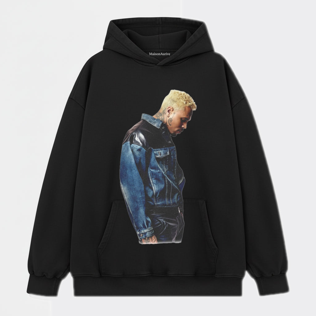 MaisonAurive ウォッシュド ブラック T シャツ – クリス ブラウン デニム ジャケット ポートレート グラフィック