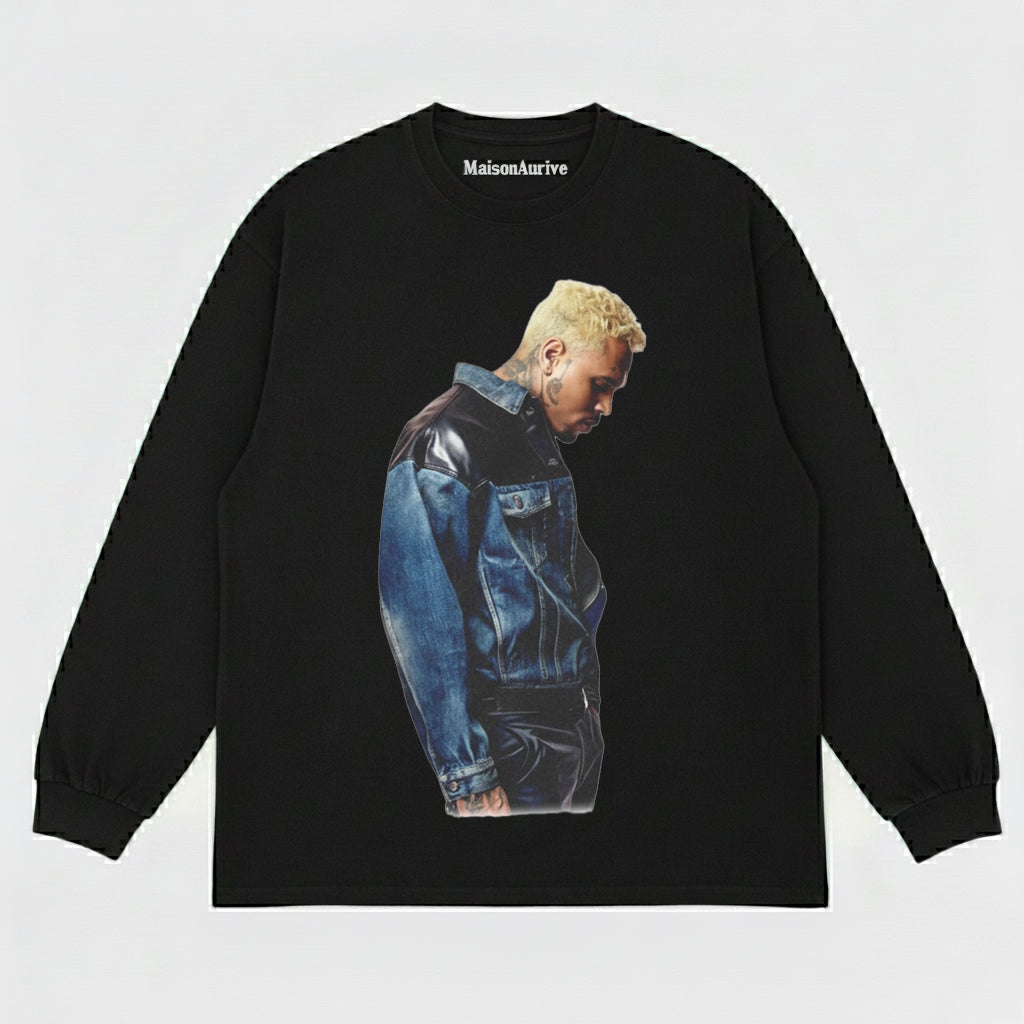 MaisonAurive ウォッシュド ブラック T シャツ – クリス ブラウン デニム ジャケット ポートレート グラフィック