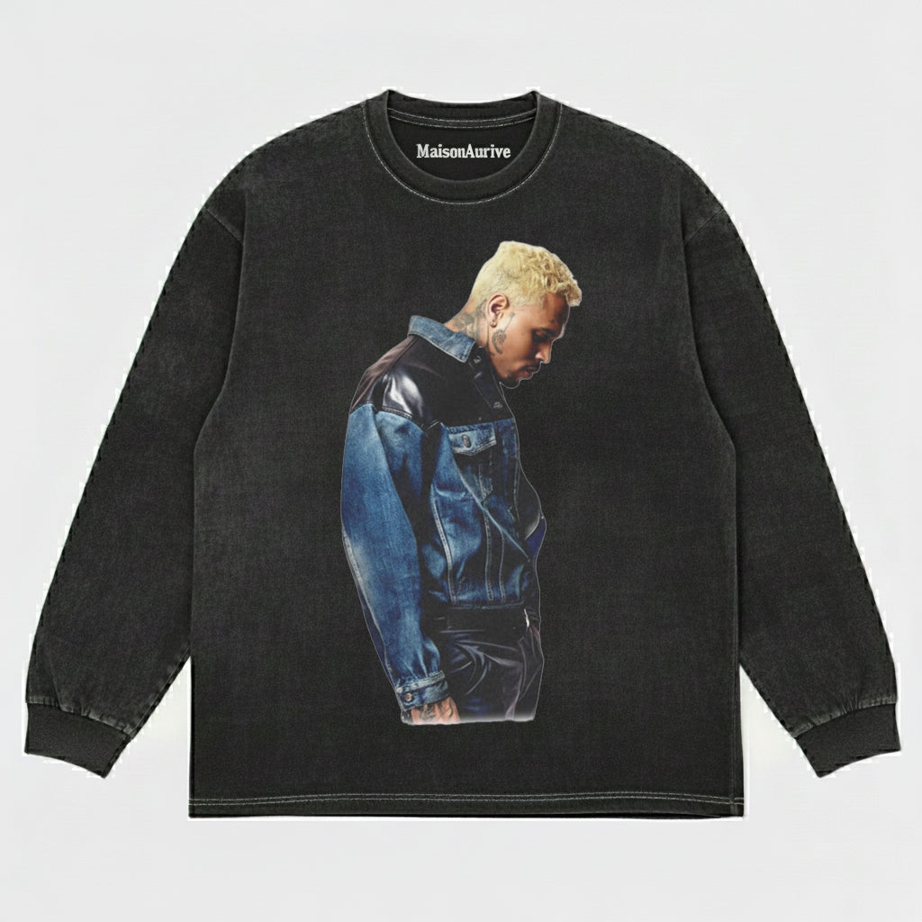 MaisonAurive ウォッシュド ブラック T シャツ – クリス ブラウン デニム ジャケット ポートレート グラフィック