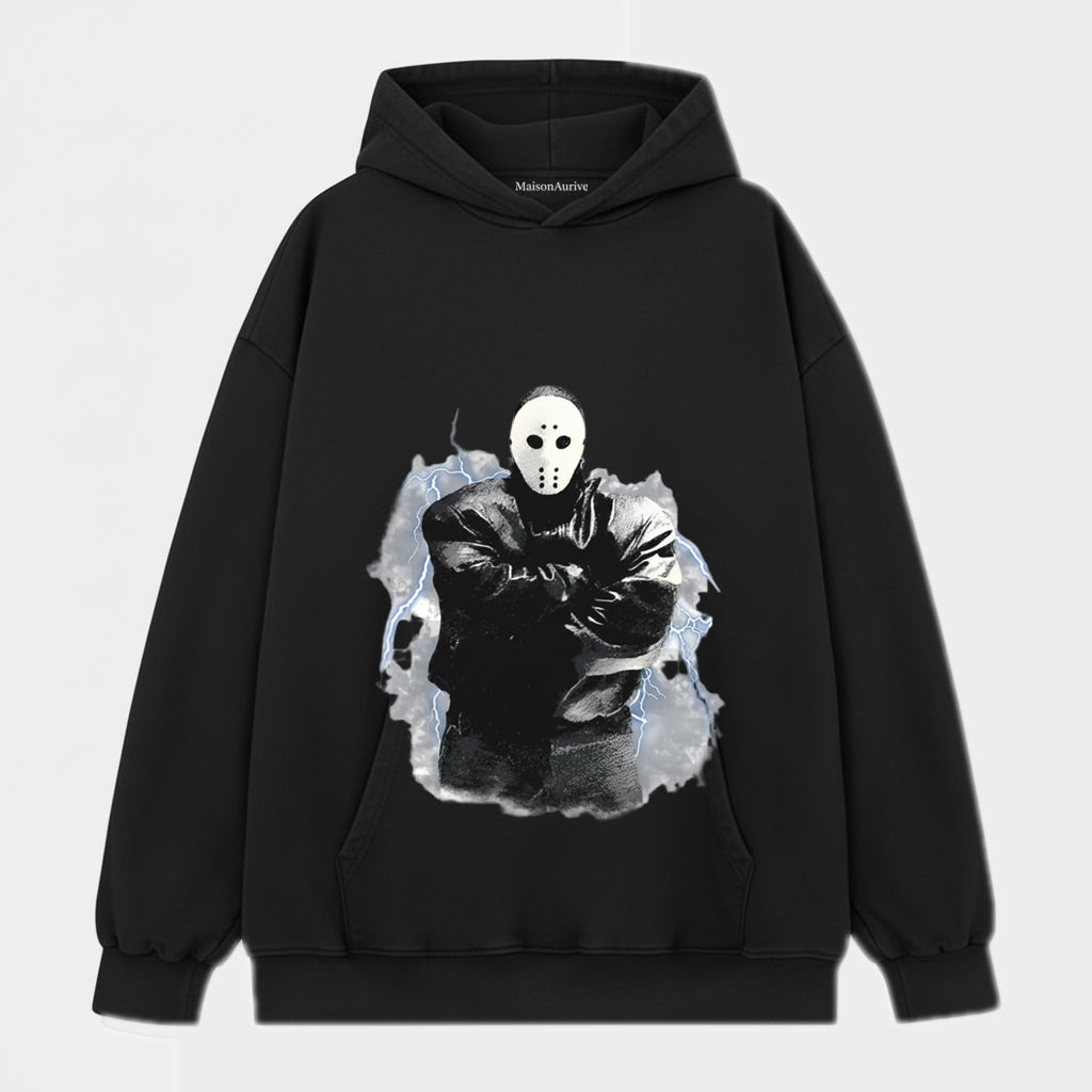 MaisonAurive ウォッシュド エッジィ Tシャツ - ブラック |ウォーターウォッシュ グレー - マスクされたアイコン グラフィック T シャツ