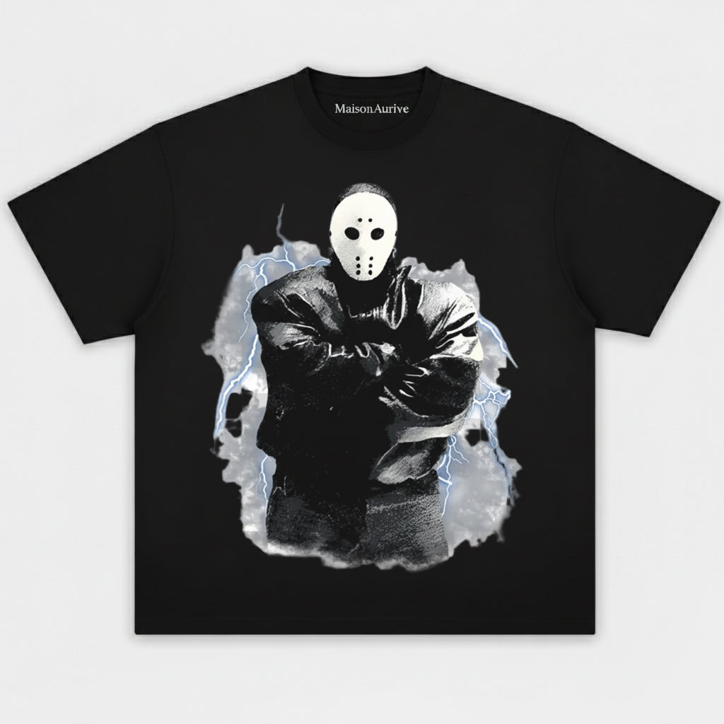 MaisonAurive ウォッシュド エッジィ Tシャツ - ブラック |ウォーターウォッシュ グレー - マスクされたアイコン グラフィック T シャツ