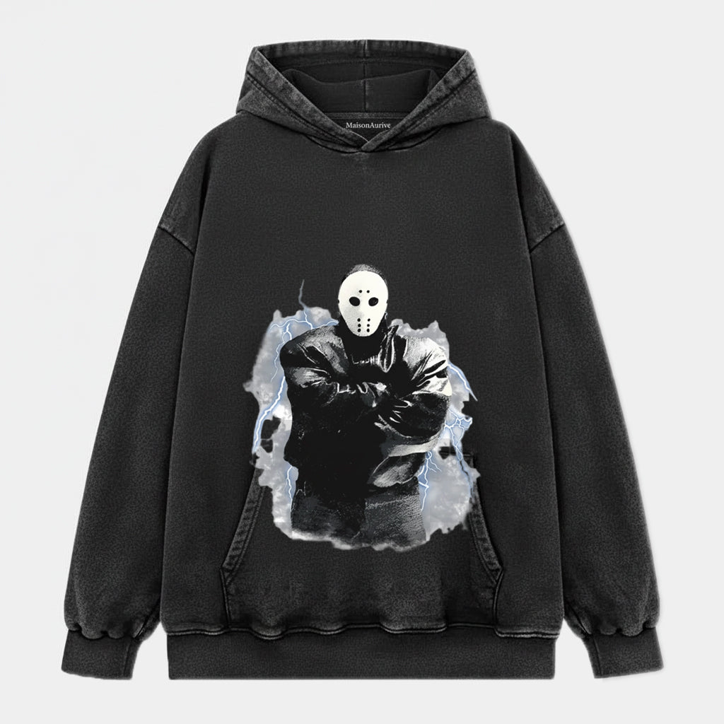 MaisonAurive ウォッシュド エッジィ Tシャツ - ブラック |ウォーターウォッシュ グレー - マスクされたアイコン グラフィック T シャツ