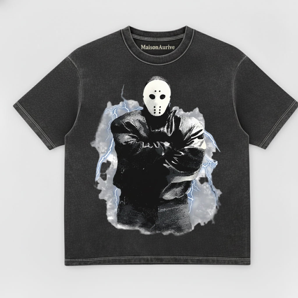 MaisonAurive ウォッシュド エッジィ Tシャツ - ブラック |ウォーターウォッシュ グレー - マスクされたアイコン グラフィック T シャツ