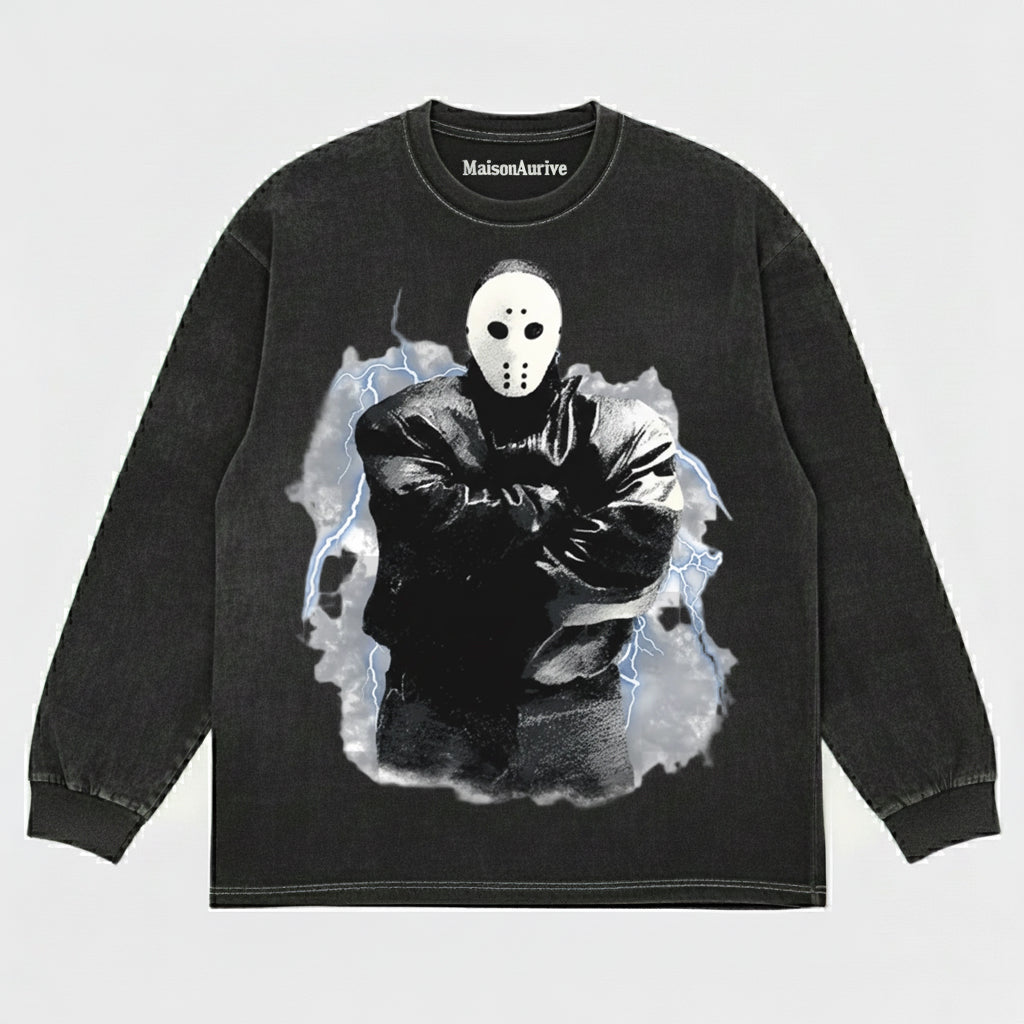 MaisonAurive ウォッシュド エッジィ Tシャツ - ブラック |ウォーターウォッシュ グレー - マスクされたアイコン グラフィック T シャツ