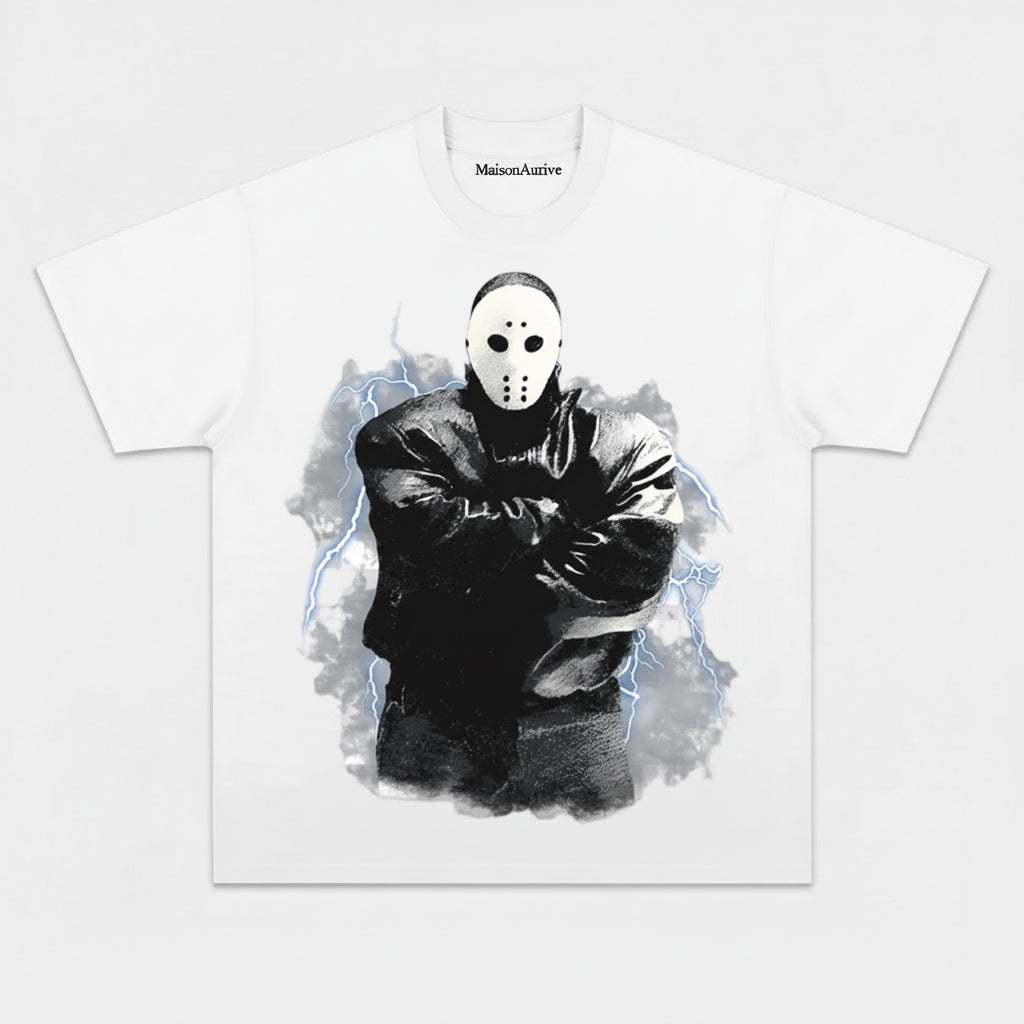 MaisonAurive ウォッシュド エッジィ Tシャツ - ブラック |ウォーターウォッシュ グレー - マスクされたアイコン グラフィック T シャツ