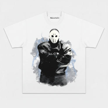 MaisonAurive ウォッシュド エッジィ Tシャツ - ブラック |ウォーターウォッシュ グレー - マスクされたアイコン グラフィック T シャツ