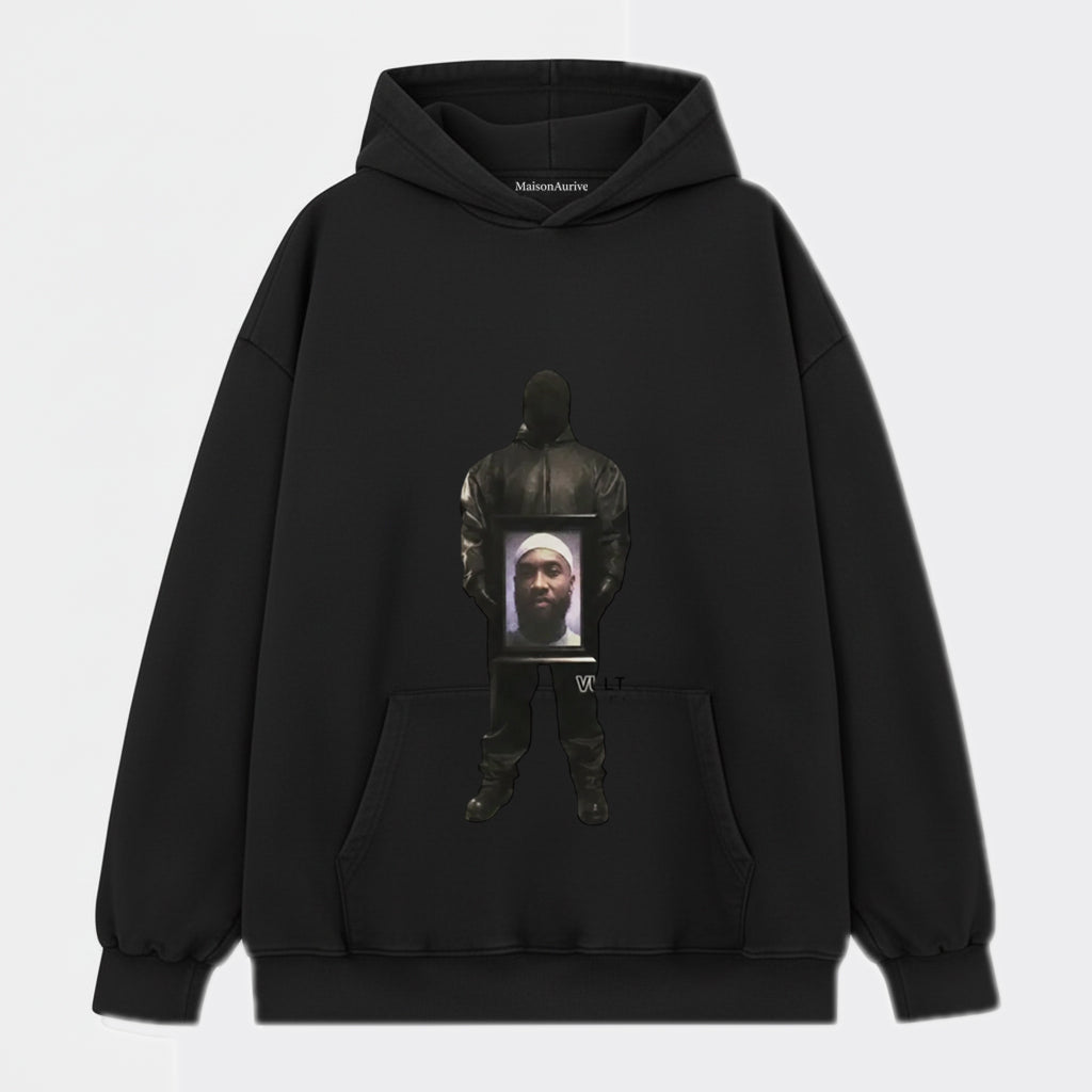 MaisonAurive ウォッシュド ダーク バイブ T シャツ – ブラック |ウォーターウォッシュ グレー - フード付きポートレート グラフィック T シャツ