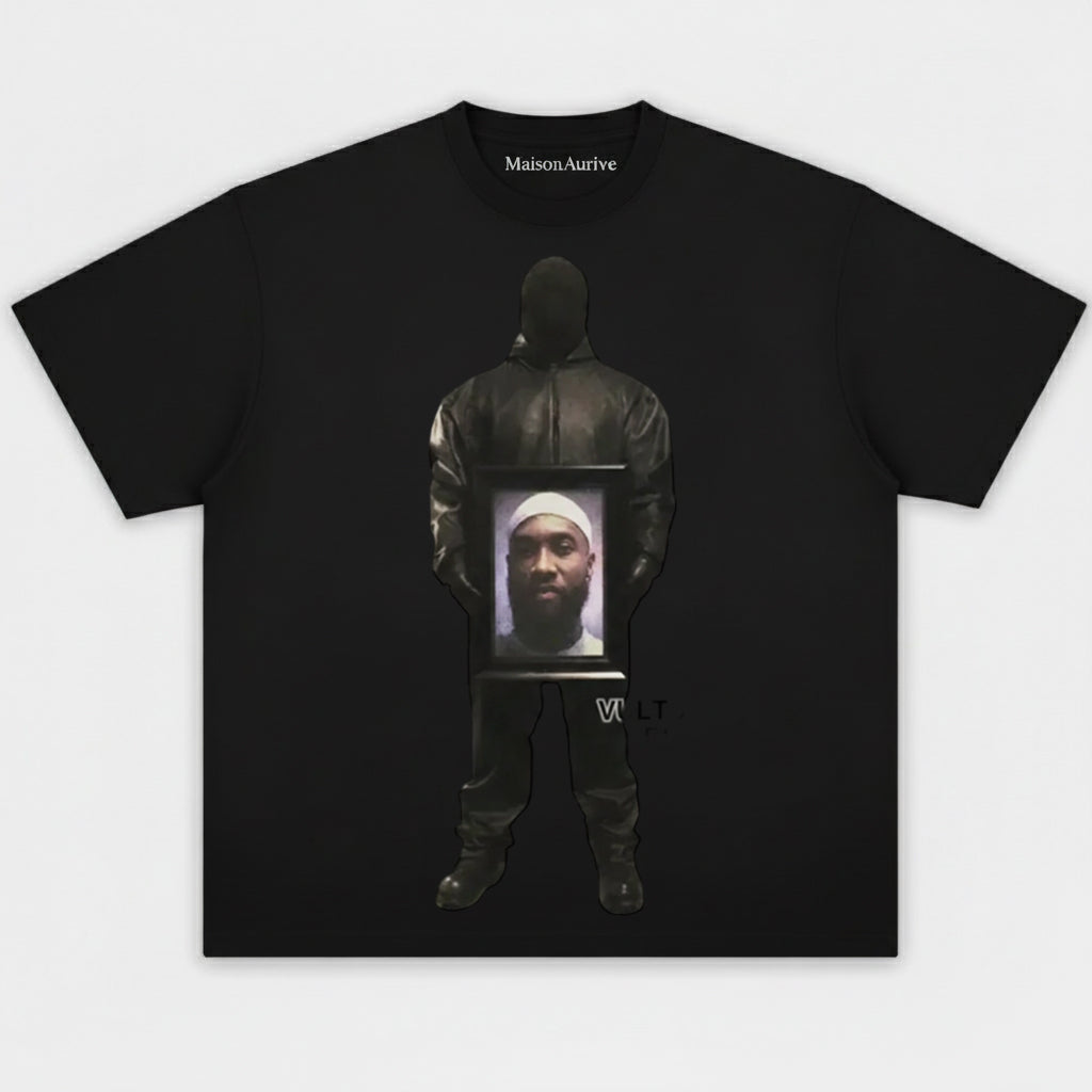 MaisonAurive ウォッシュド ダーク バイブ T シャツ – ブラック |ウォーターウォッシュ グレー - フード付きポートレート グラフィック T シャツ