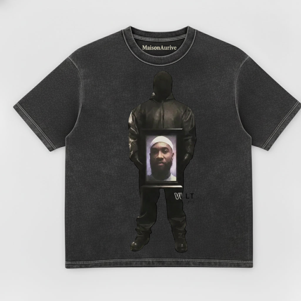 MaisonAurive ウォッシュド ダーク バイブ T シャツ – ブラック |ウォーターウォッシュ グレー - フード付きポートレート グラフィック T シャツ