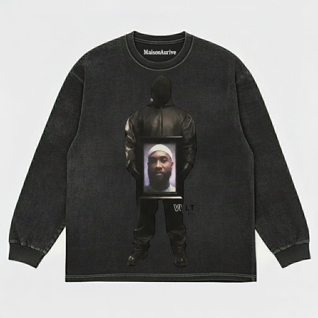 MaisonAurive ウォッシュド ダーク バイブ T シャツ – ブラック |ウォーターウォッシュ グレー - フード付きポートレート グラフィック T シャツ