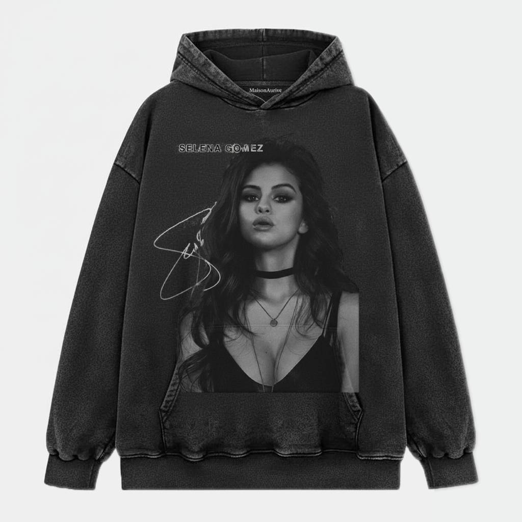 MaisonAurive Washed Hip-Hop Tee – Black | White | Waterwashed Grey - SELENA GOMEZ TEE