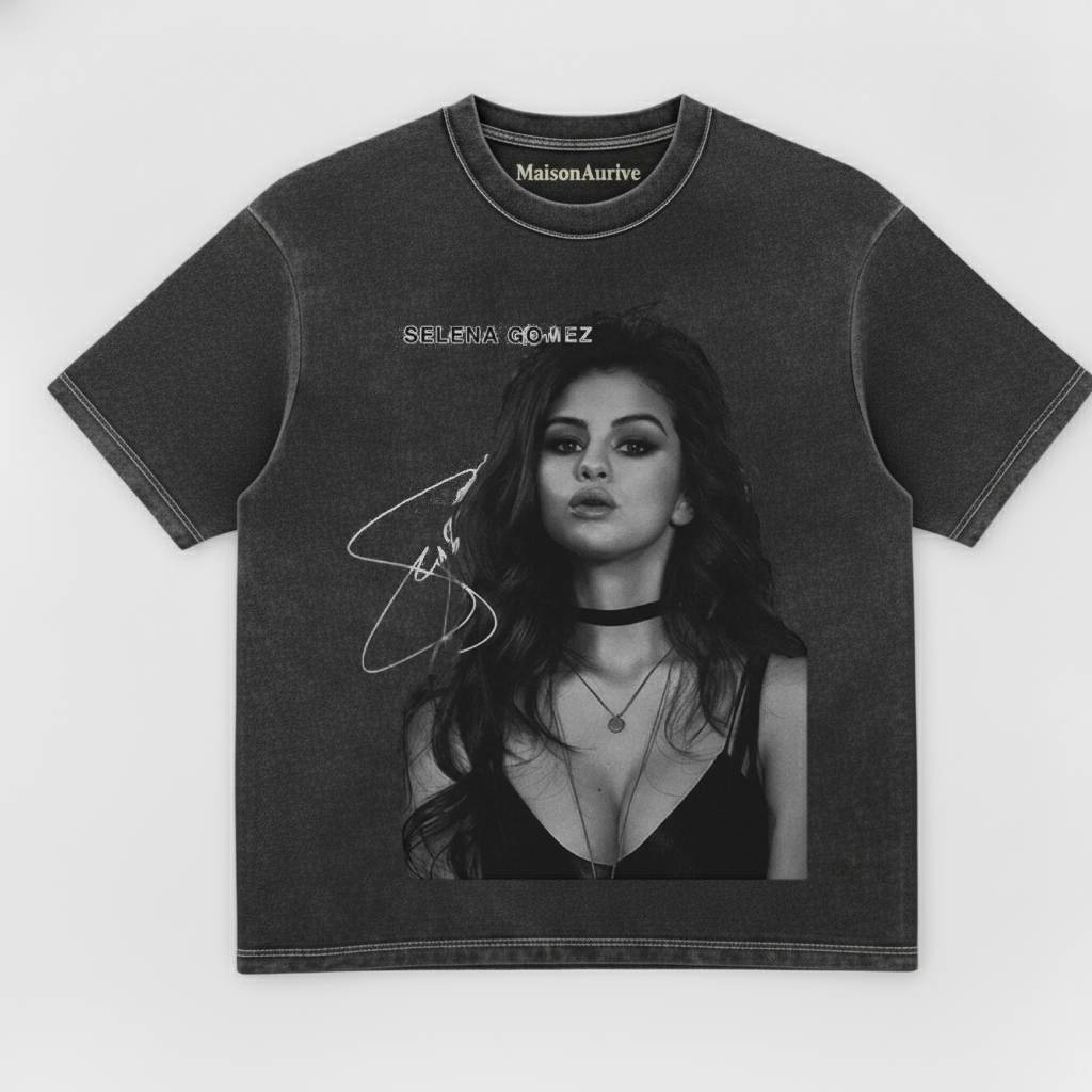 MaisonAurive Washed Hip-Hop Tee – Black | White | Waterwashed Grey - SELENA GOMEZ TEE