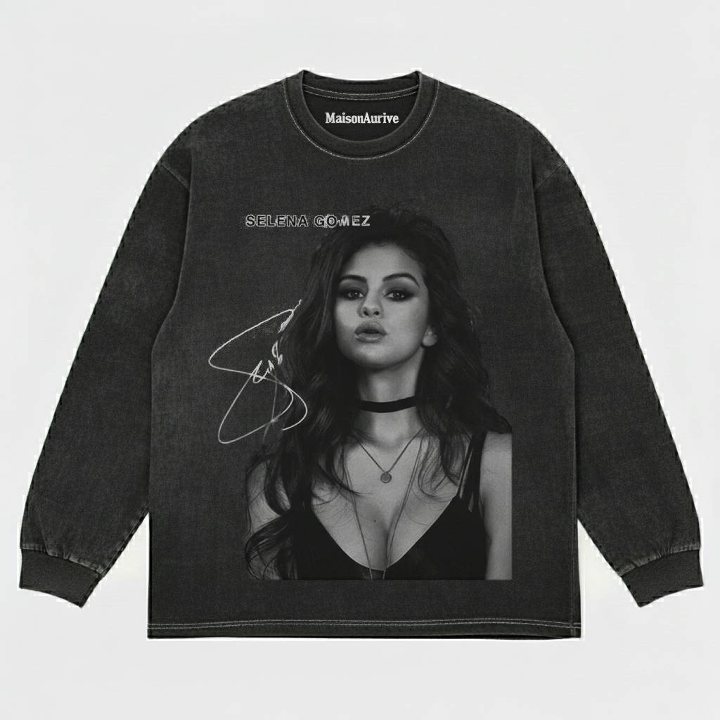 MaisonAurive Washed Hip-Hop Tee – Black | White | Waterwashed Grey - SELENA GOMEZ TEE