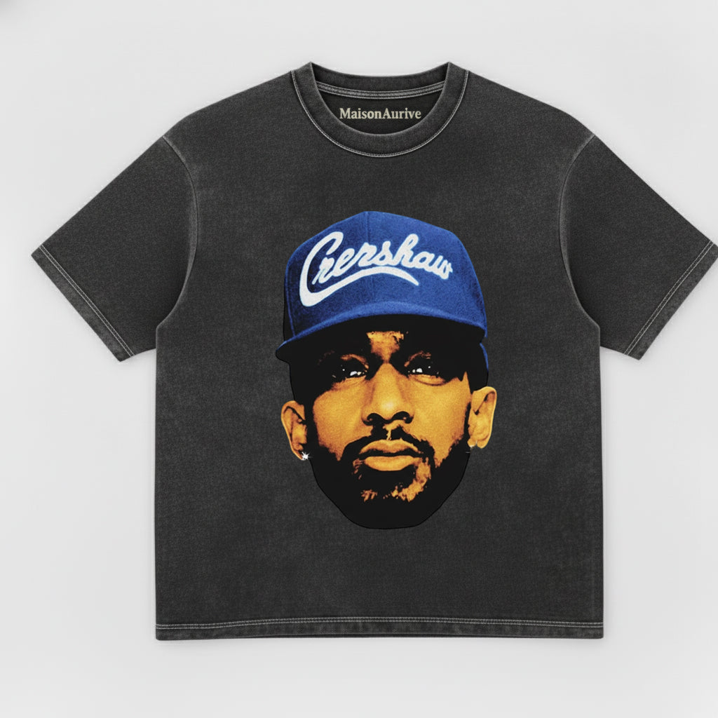 MaisonAurive ウォッシュド ヒップホップ T シャツ – ブラック |ウォーターウォッシュド グレー - ニプシー ハッスル クレンショー グラフィック