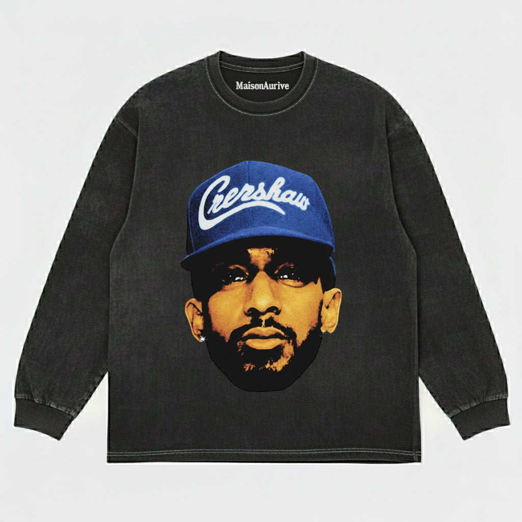 MaisonAurive ウォッシュド ヒップホップ T シャツ – ブラック |ウォーターウォッシュド グレー - ニプシー ハッスル クレンショー グラフィック