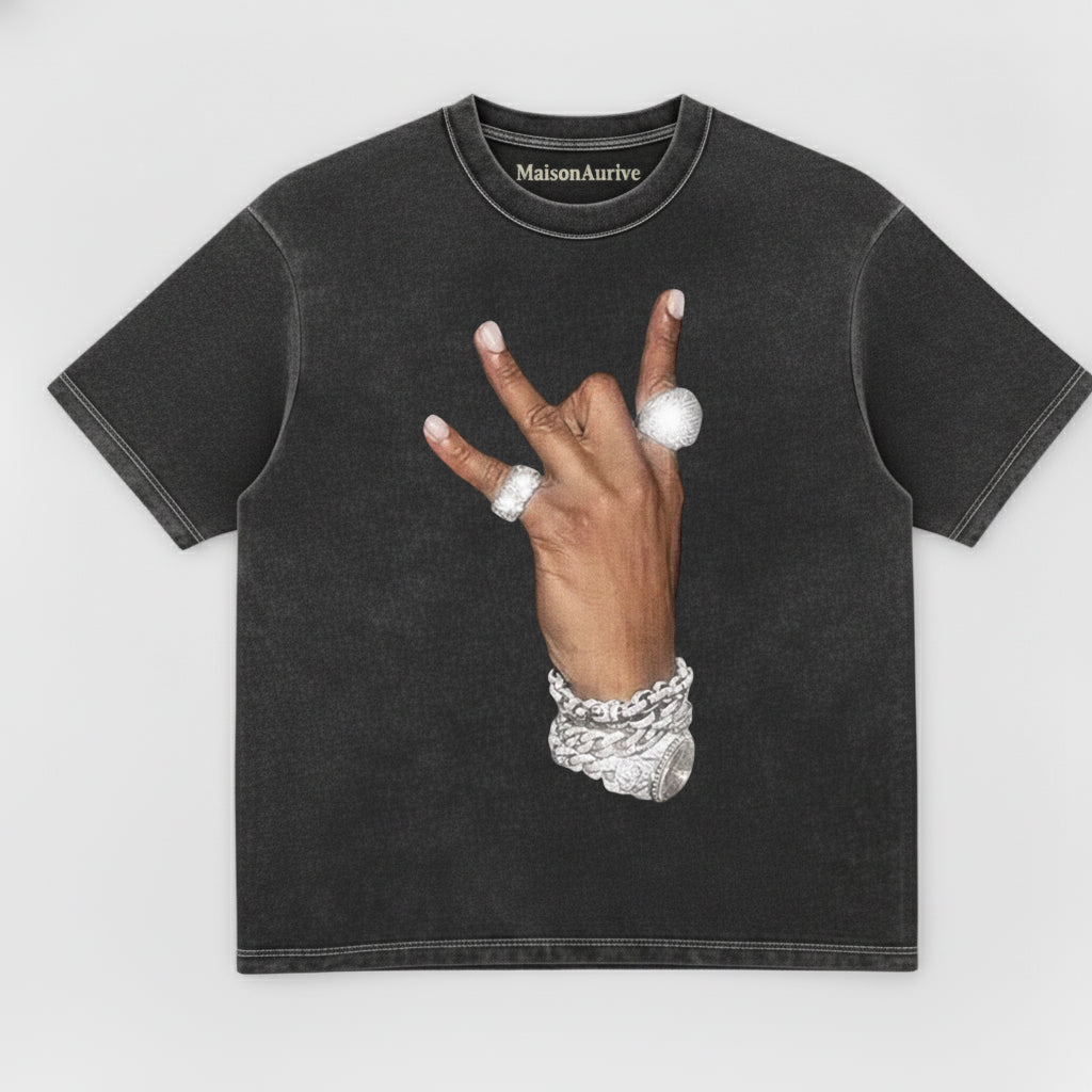 MaisonAurive ウォッシュド ヒップホップ T シャツ – ブラック |ウォーターウォッシュ グレー - ブリンジ ハンド グラフィック T シャツ