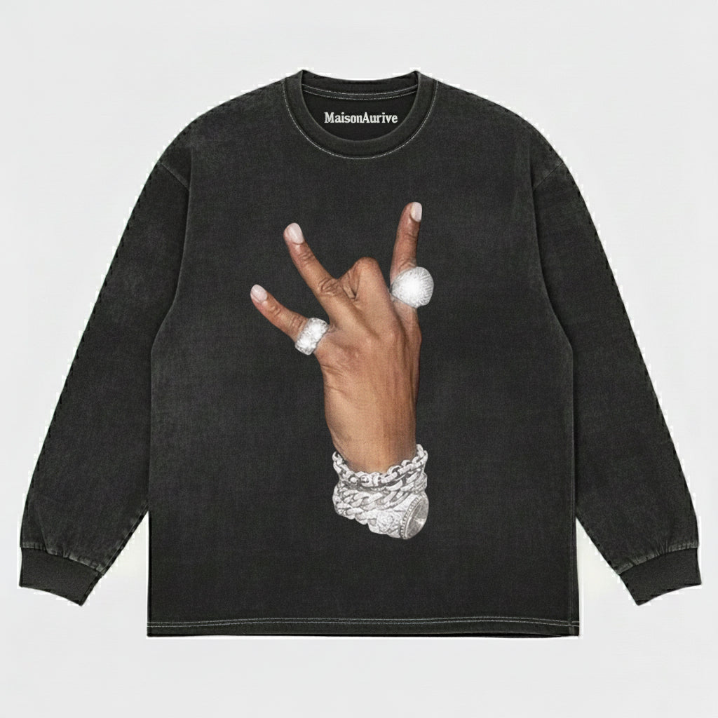 MaisonAurive ウォッシュド ヒップホップ T シャツ – ブラック |ウォーターウォッシュ グレー - ブリンジ ハンド グラフィック T シャツ