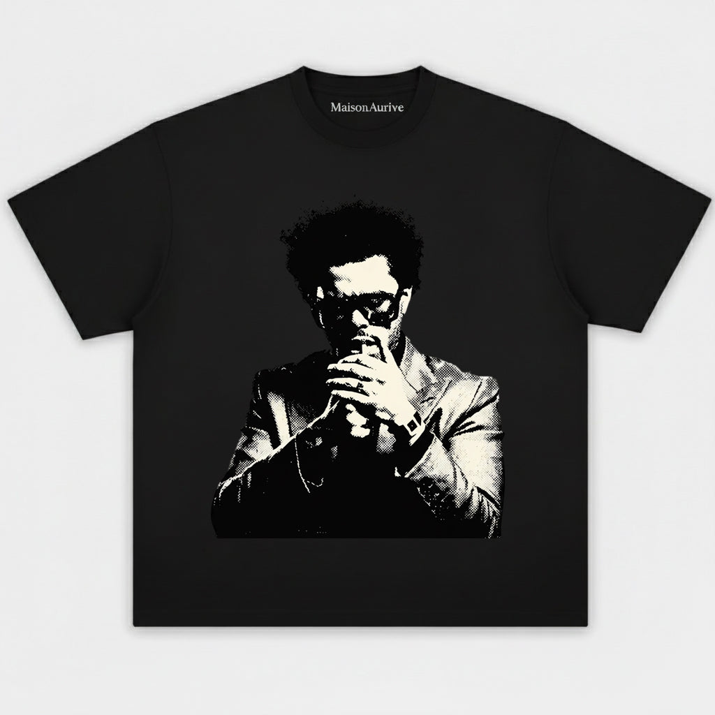 MaisonAurive ウォッシュド ヒップホップ T シャツ – ウォーターウォッシュド ブラック |ラッパーのポートレートグラフィック