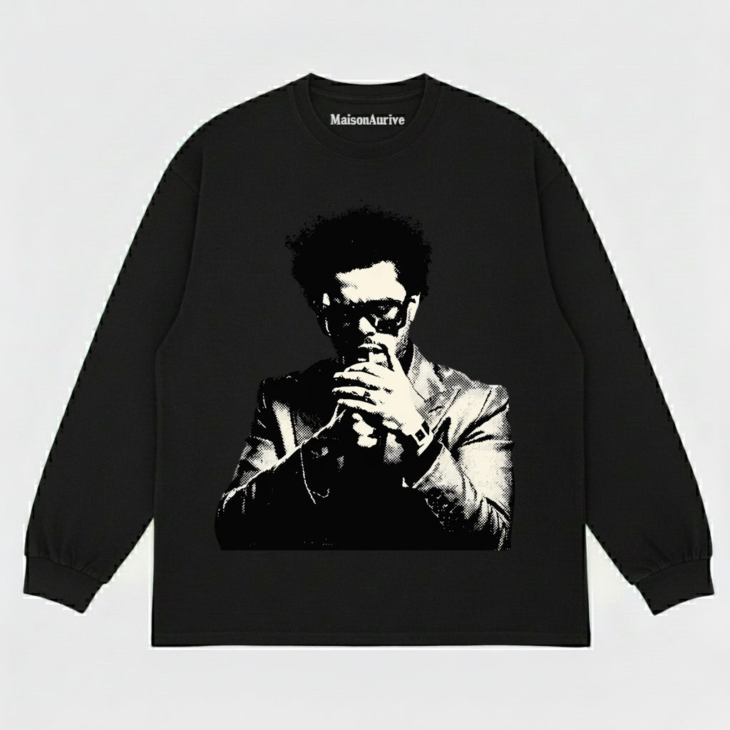 MaisonAurive ウォッシュド ヒップホップ T シャツ – ウォーターウォッシュド ブラック |ラッパーのポートレートグラフィック