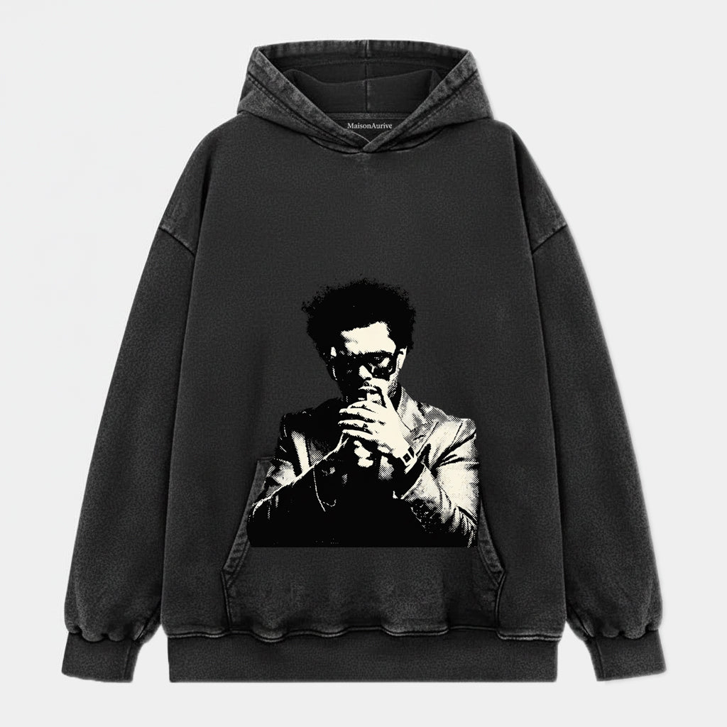 MaisonAurive ウォッシュド ヒップホップ T シャツ – ウォーターウォッシュド ブラック |ラッパーのポートレートグラフィック