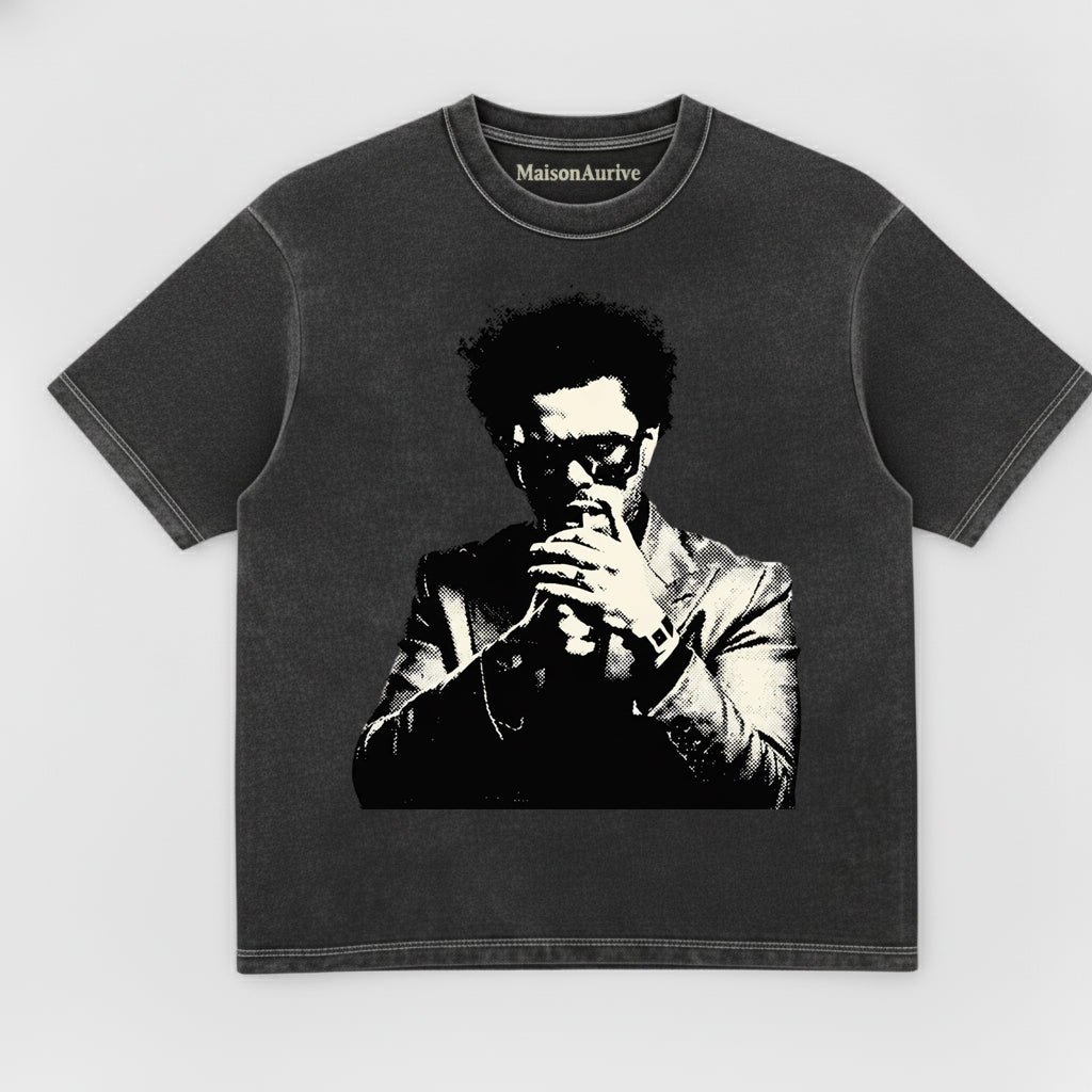 MaisonAurive ウォッシュド ヒップホップ T シャツ – ウォーターウォッシュド ブラック |ラッパーのポートレートグラフィック