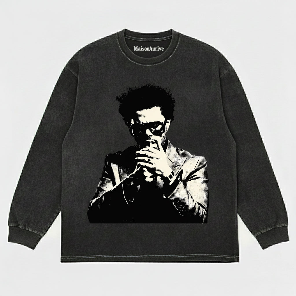 MaisonAurive ウォッシュド ヒップホップ T シャツ – ウォーターウォッシュド ブラック |ラッパーのポートレートグラフィック