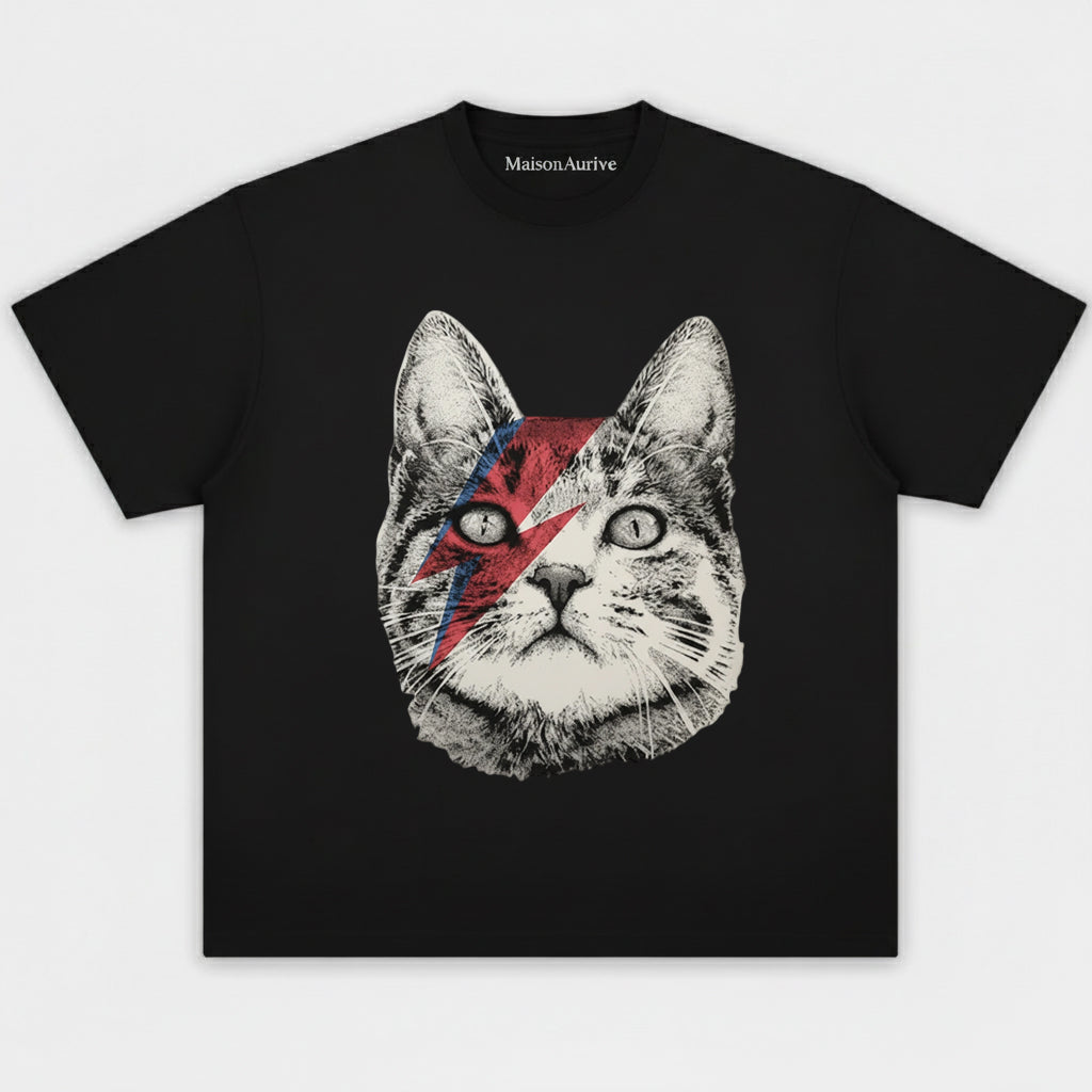 MaisonAurive ウォッシュド T シャツ – ウォーターウォッシュ ブラック | MaisonAuriveボウイ ライトニング キャット グラフィック