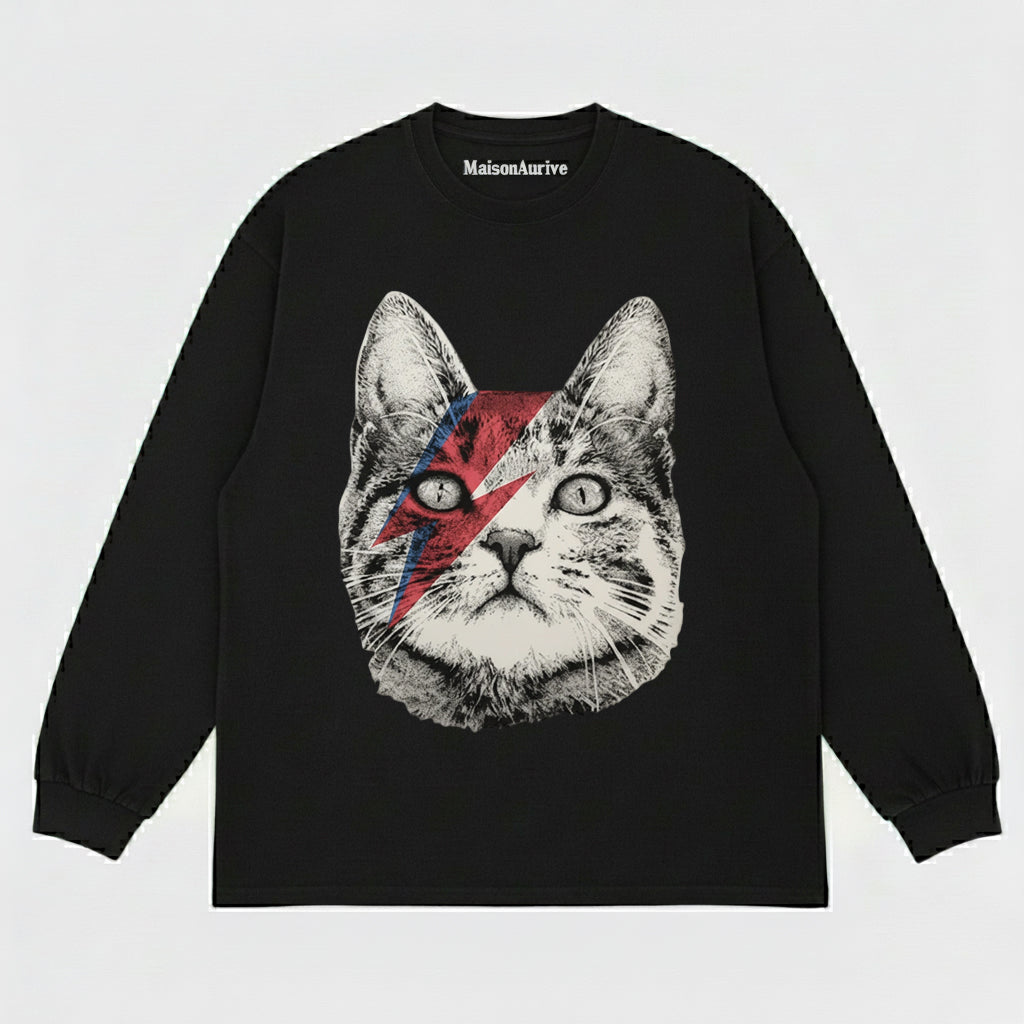 MaisonAurive ウォッシュド T シャツ – ウォーターウォッシュ ブラック | MaisonAuriveボウイ ライトニング キャット グラフィック