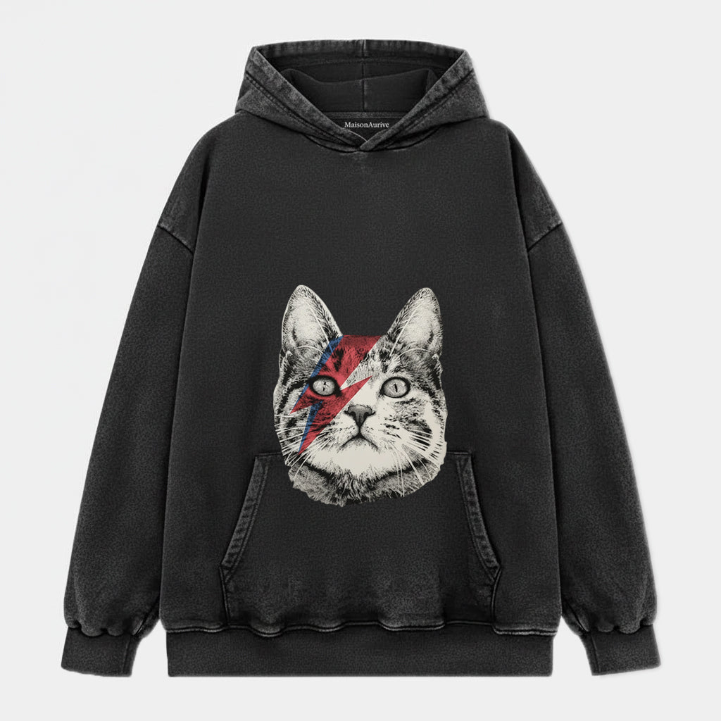 MaisonAurive ウォッシュド T シャツ – ウォーターウォッシュ ブラック | MaisonAuriveボウイ ライトニング キャット グラフィック