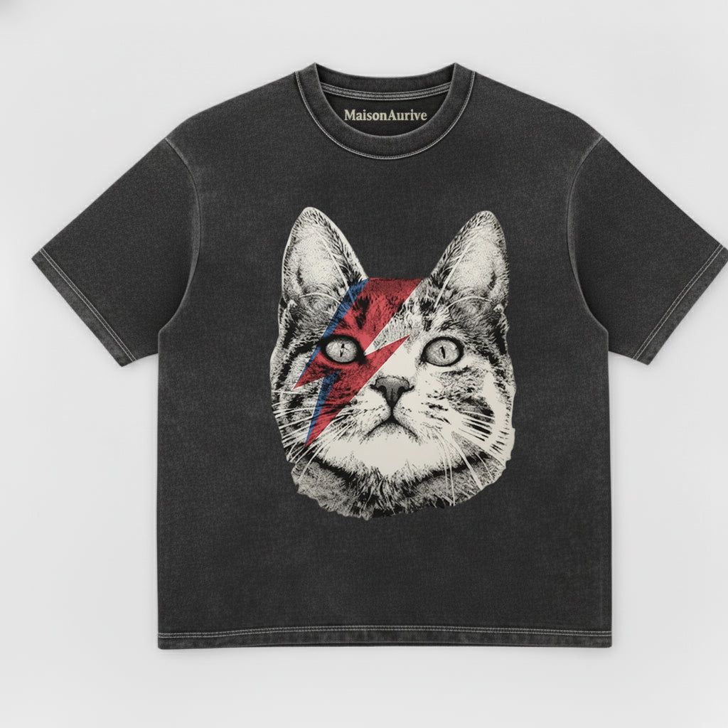 MaisonAurive ウォッシュド T シャツ – ウォーターウォッシュ ブラック | MaisonAuriveボウイ ライトニング キャット グラフィック