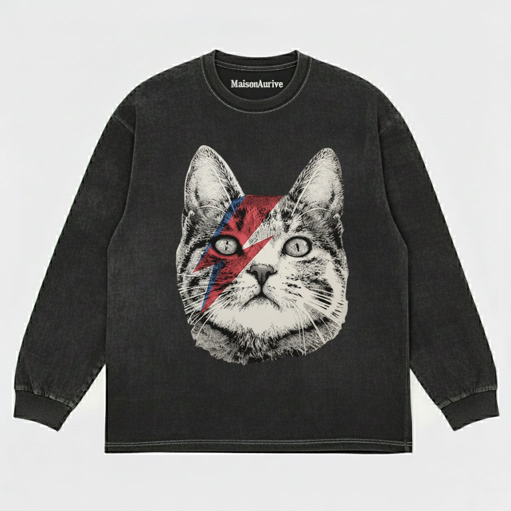 MaisonAurive ウォッシュド T シャツ – ウォーターウォッシュ ブラック | MaisonAuriveボウイ ライトニング キャット グラフィック