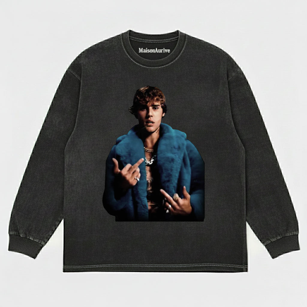 MaisonAurive ウォッシュド ヒップホップ T シャツ – ウォーターウォッシュ グレー - JUSTIN BIEBER V2 TEE