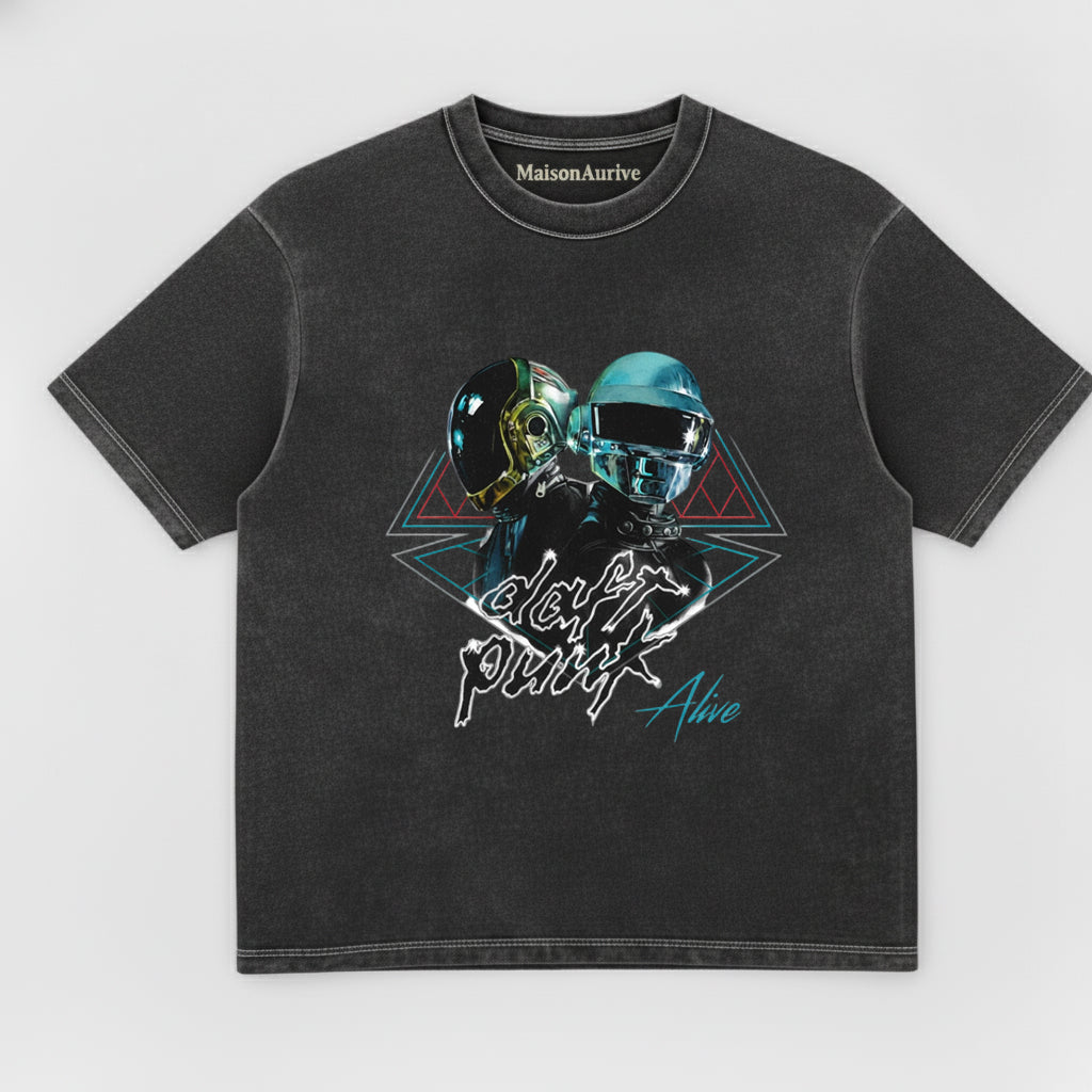 MaisonAurive ウォッシュド ヒップホップ T シャツ – ウォーターウォッシュド グレー - DAFT PUNK ALIVE TEE