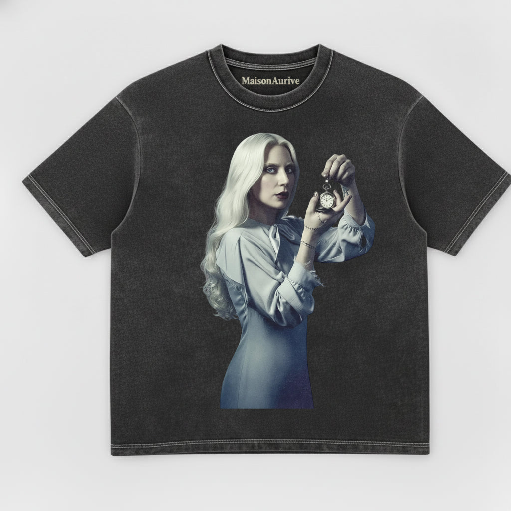 MaisonNeuve ウォッシュド T シャツ (ウォーターウォッシュド グレー) – ゴシック ポップ アイコン クロック プリント