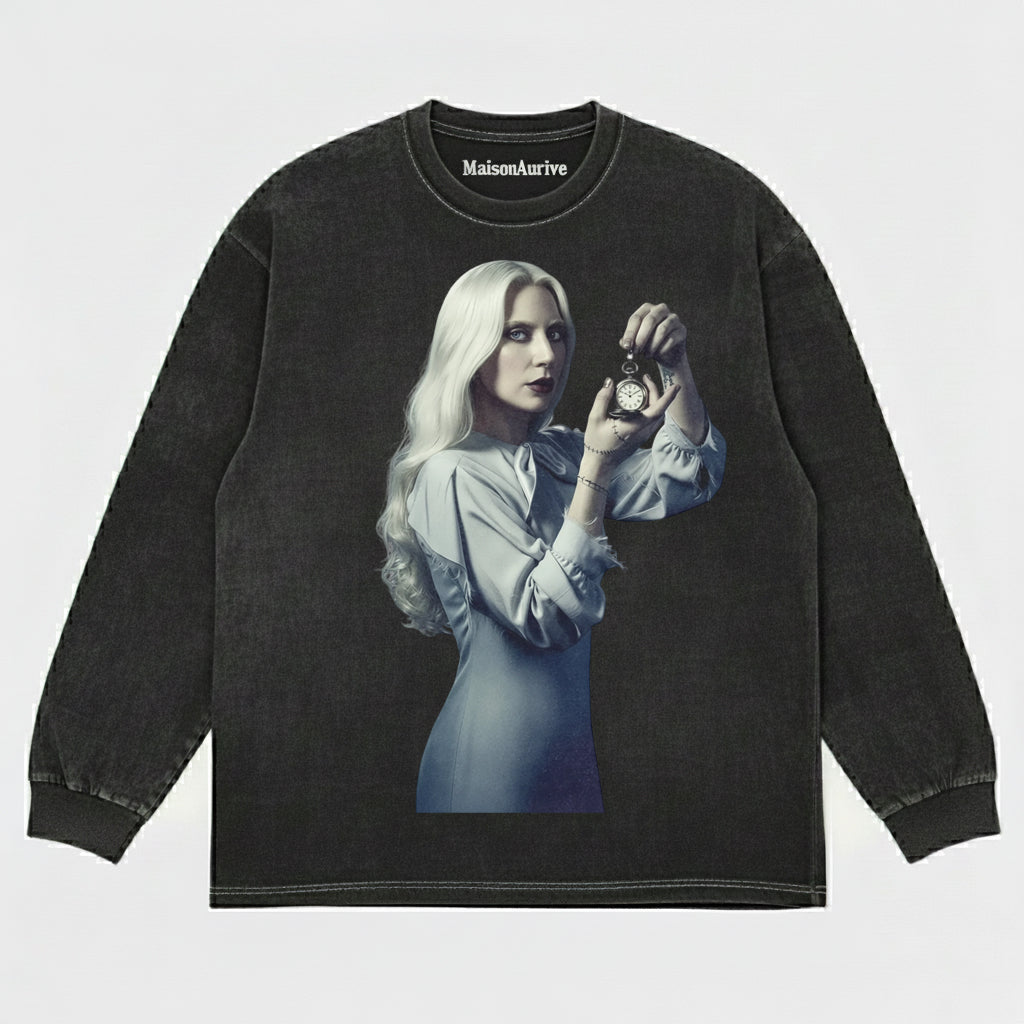 MaisonNeuve ウォッシュド T シャツ (ウォーターウォッシュド グレー) – ゴシック ポップ アイコン クロック プリント