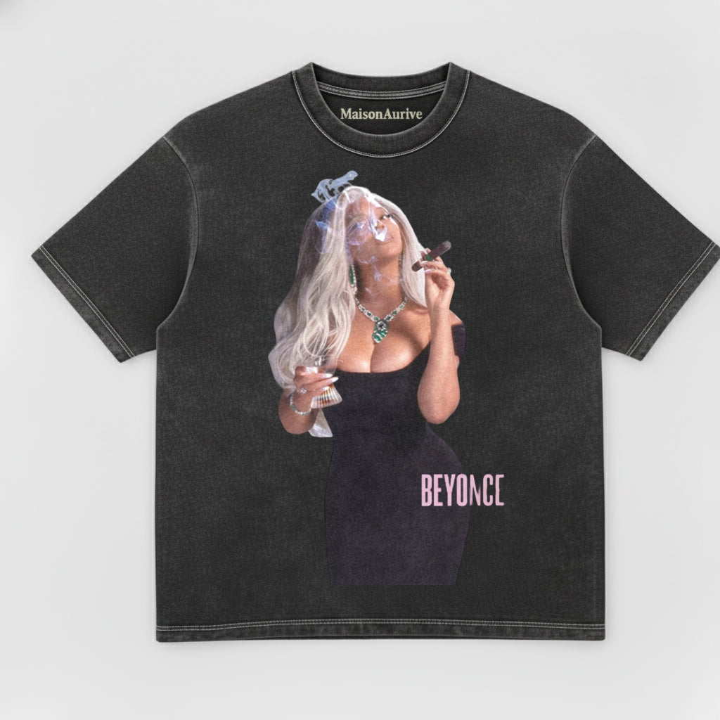 MaisonAurive ウォッシュド ヒップホップ Tシャツ – ブラック | ビヨンセ「シガー」 & ダイヤモンドのグラフィック