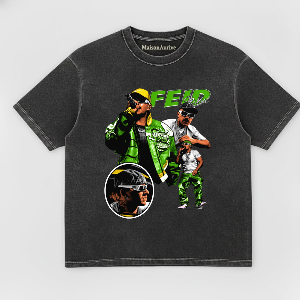 MaisonAurive ウォッシュド ブラック T シャツ: FEID グラフィック