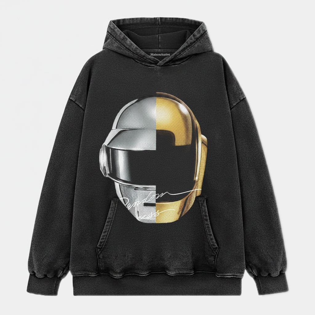 MaisonAurive ウォッシュド ヒップホップ T シャツ – ブラック |ホワイト |ウォーターウォッシュ グレー - スプリット ヘルメット プリント