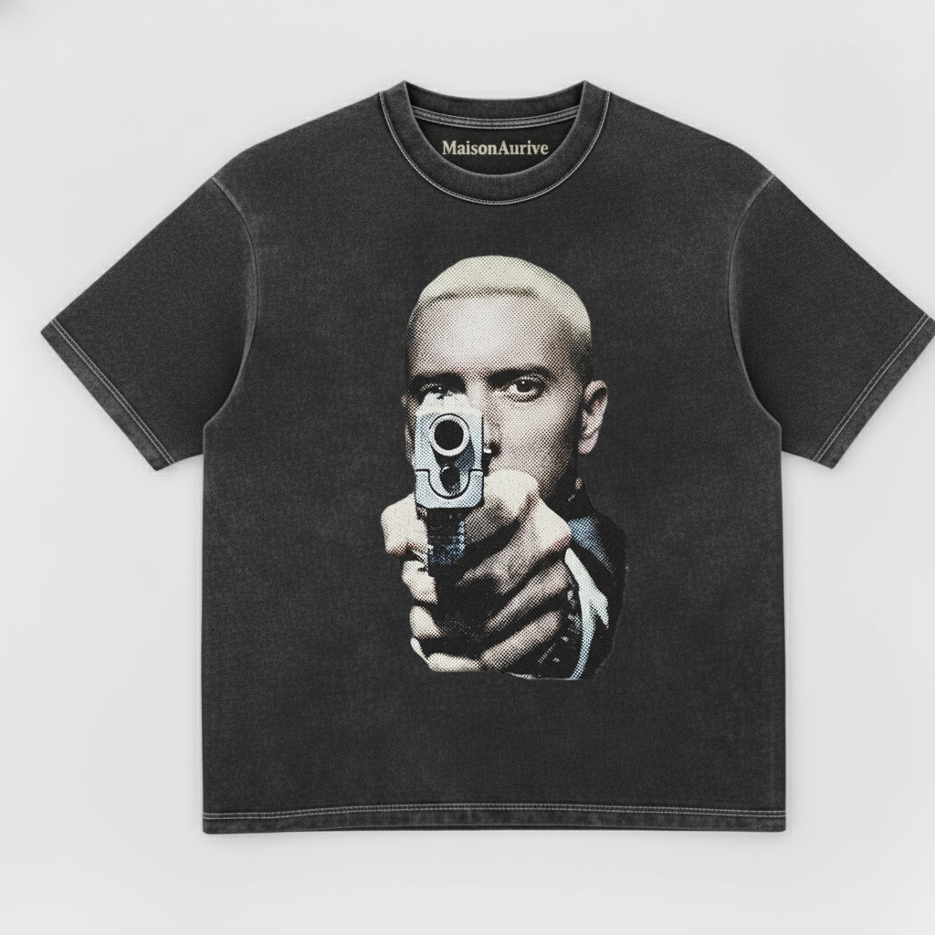 MaisonAurive ウォッシュド ヒップホップ T シャツ - ブラック |ホワイト |ウォーターウォッシュド グレー - 象徴的なスリム シェイディ ポートレート