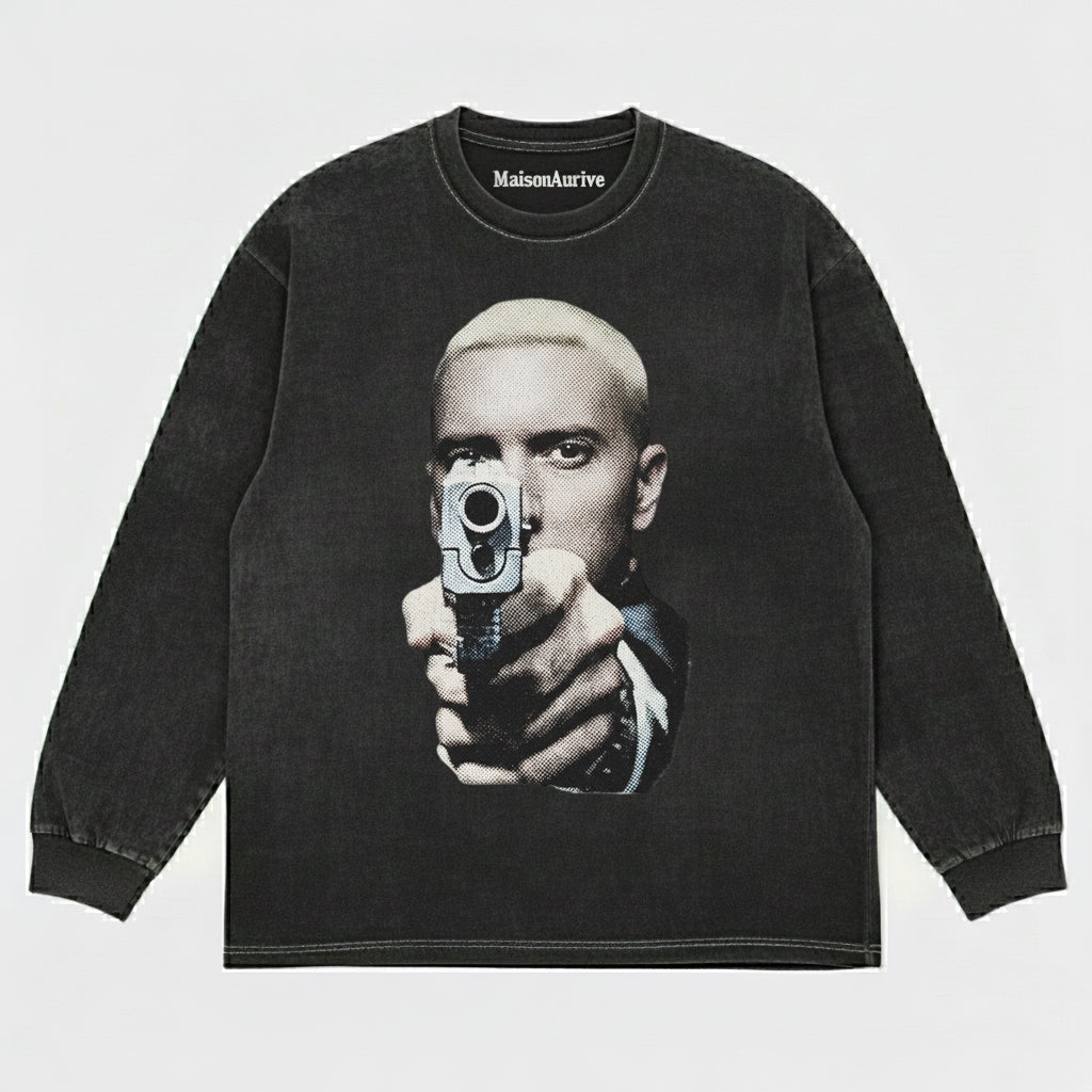 MaisonAurive ウォッシュド ヒップホップ T シャツ - ブラック |ホワイト |ウォーターウォッシュド グレー - 象徴的なスリム シェイディ ポートレート