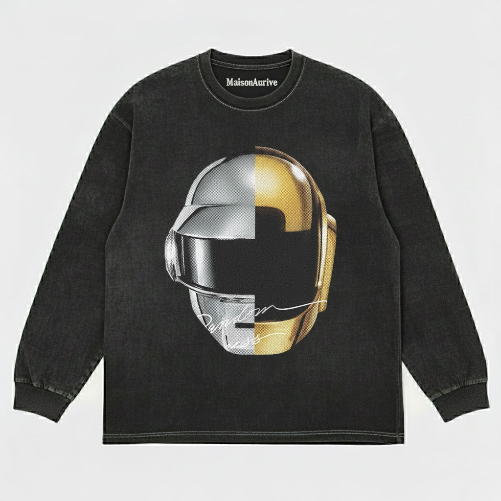 MaisonAurive ウォッシュド ヒップホップ T シャツ – ブラック |ホワイト |ウォーターウォッシュ グレー - スプリット ヘルメット プリント