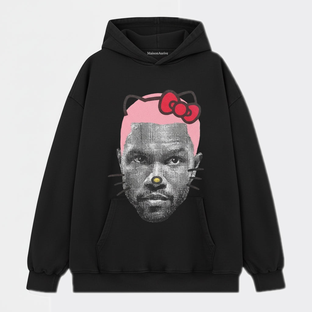 MaisonAurive ウォッシュド ヒップホップ T シャツ - ブラック |ホワイト |ウォーターウォッシュド グレー - キティ マッシュアップ グラフィック