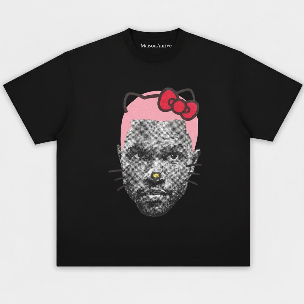 MaisonAurive ウォッシュド ヒップホップ T シャツ - ブラック |ホワイト |ウォーターウォッシュド グレー - キティ マッシュアップ グラフィック