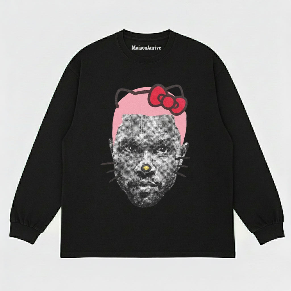 MaisonAurive ウォッシュド ヒップホップ T シャツ - ブラック |ホワイト |ウォーターウォッシュド グレー - キティ マッシュアップ グラフィック