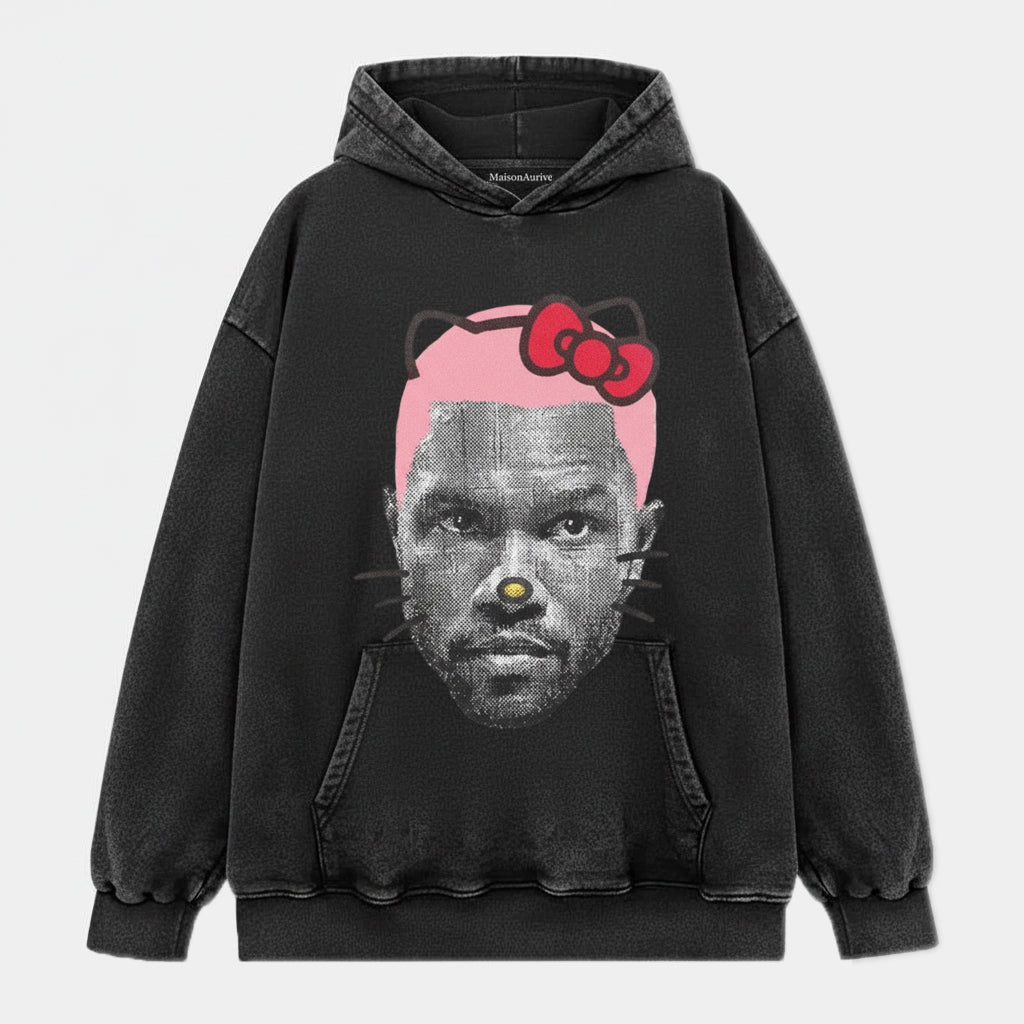 MaisonAurive ウォッシュド ヒップホップ T シャツ - ブラック |ホワイト |ウォーターウォッシュド グレー - キティ マッシュアップ グラフィック