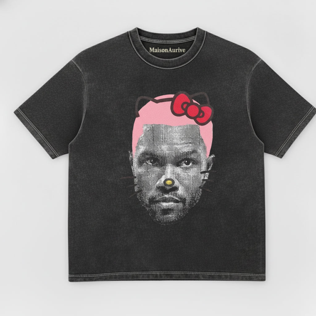 MaisonAurive ウォッシュド ヒップホップ T シャツ - ブラック |ホワイト |ウォーターウォッシュド グレー - キティ マッシュアップ グラフィック