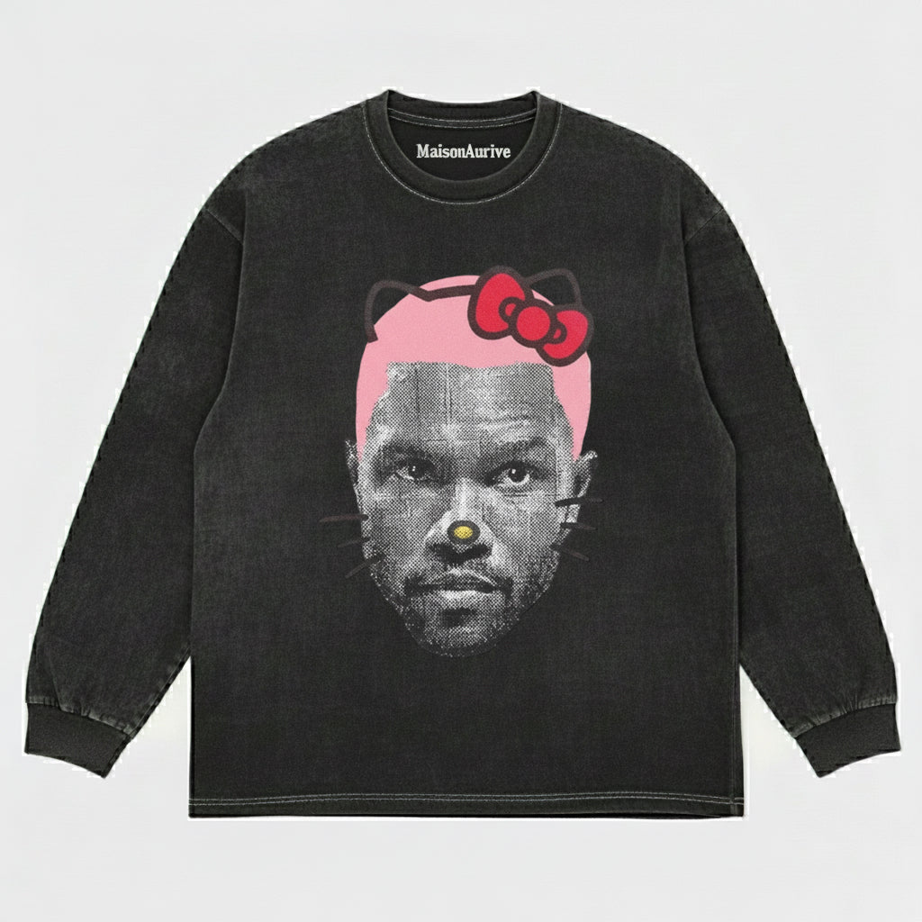 MaisonAurive ウォッシュド ヒップホップ T シャツ - ブラック |ホワイト |ウォーターウォッシュド グレー - キティ マッシュアップ グラフィック