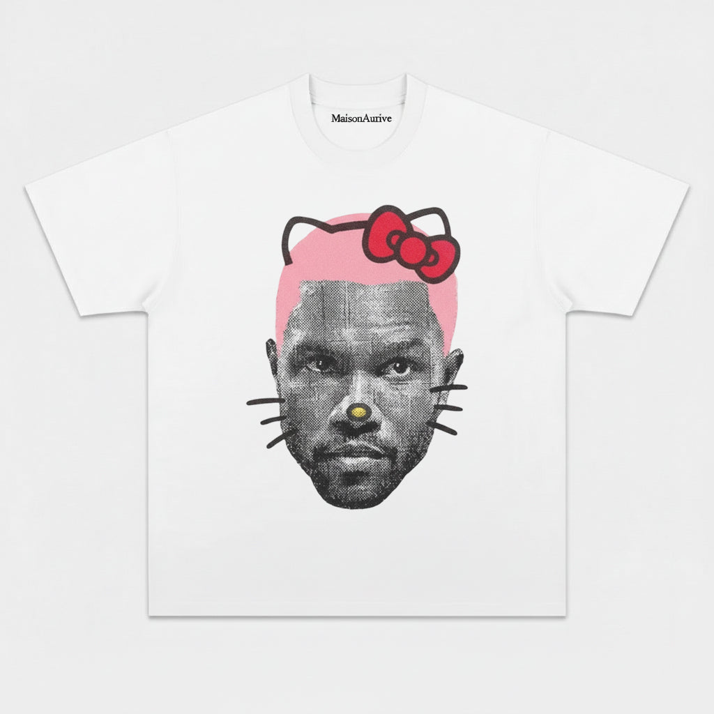 MaisonAurive ウォッシュド ヒップホップ T シャツ - ブラック |ホワイト |ウォーターウォッシュド グレー - キティ マッシュアップ グラフィック